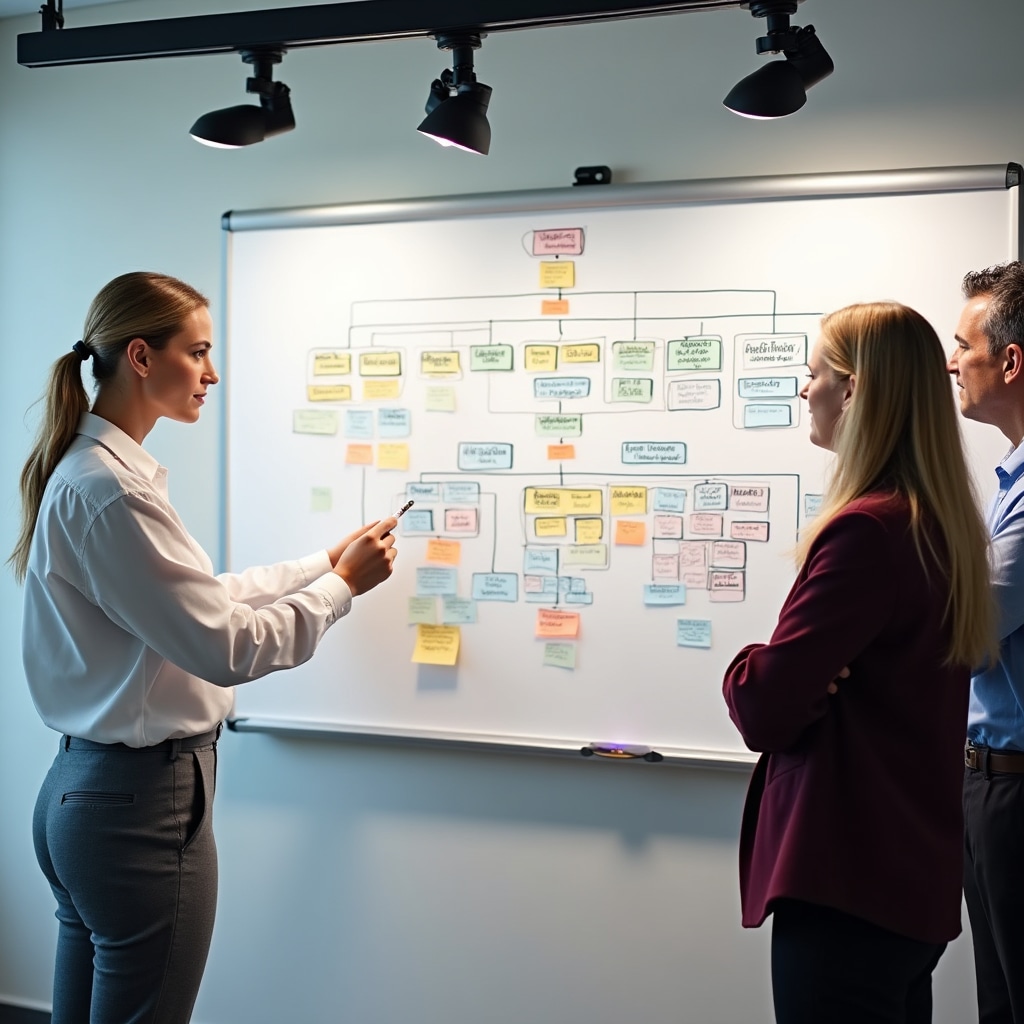Team planning organizational structure on whiteboard